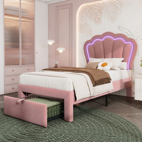 Lit Enfant Simple 90x190 Cm - Lit Avec LED Et Tiroirs De Rangement, Velours Rose - Sans Matelas