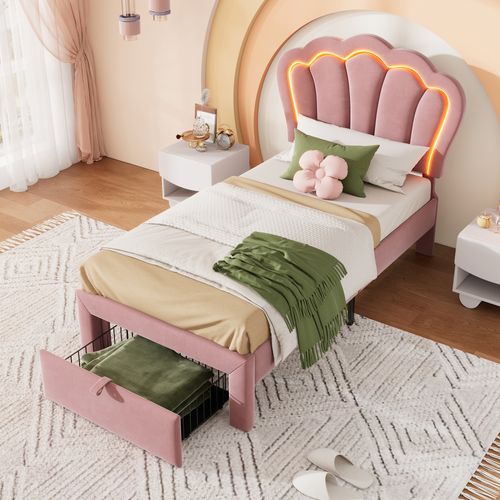 Lit Enfant Simple 90x190 Cm - Lit Avec LED Et Tiroirs De Rangement, Velours Rose - Sans Matelas