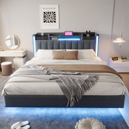 Lit Double 160x200 Cm - Avec Coffre De Rangement, LED Et Port USB Intégré, Tissu Lin, Gris