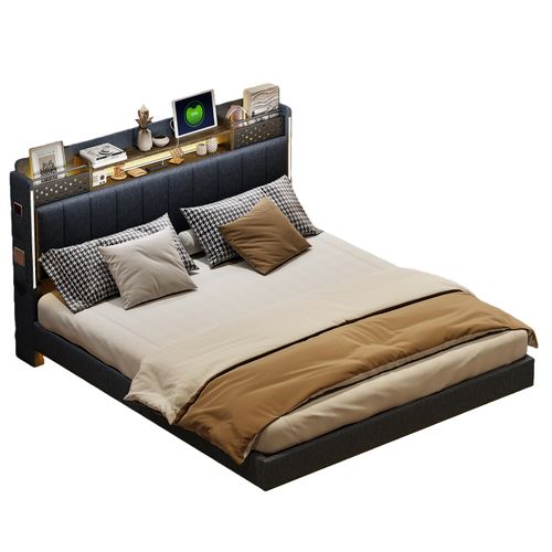 Lit Double 160x200 Cm - Avec Coffre De Rangement, LED Et Port USB Intégré, Tissu Lin, Gris