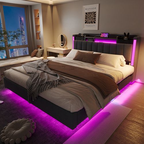 Lit Double 160x200 Cm - Avec Coffre De Rangement, LED Et Port USB Intégré, Tissu Lin, Gris