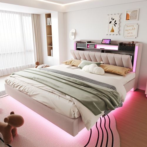 Lit Double 160x200 Cm - Lit Double Avec Rangement Et USB, LED Intégrée, Lin Beige