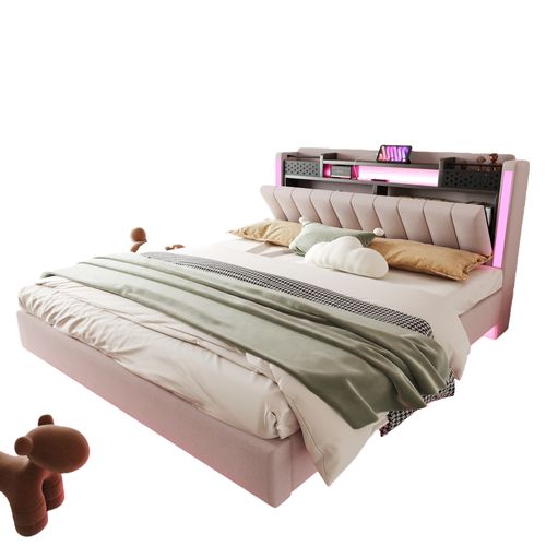Lit Double 160x200 Cm - Lit Double Avec Rangement Et USB, LED Intégrée, Lin Beige