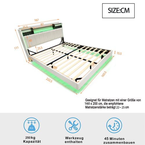 Lit Double 160x200 Cm - Lit Double Avec Rangement Et USB, LED Intégrée, Lin Beige