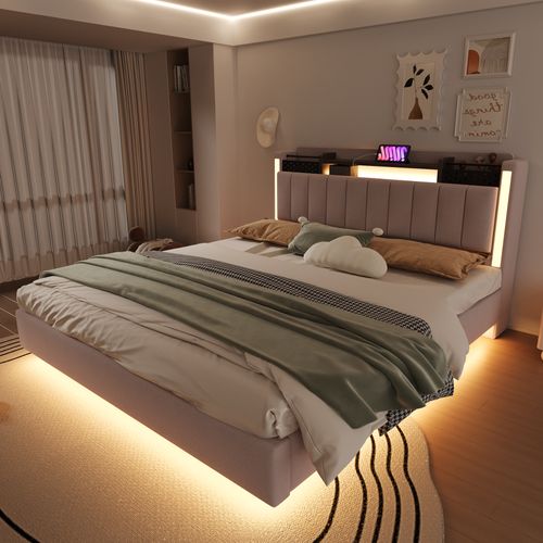 Lit Double 160x200 Cm - Lit Double Avec Rangement Et USB, LED Intégrée, Lin Beige