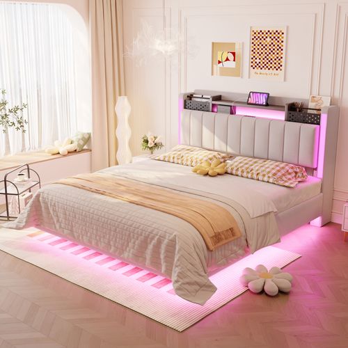 Lit Avec Rangement 140x200 Cm - Lit Double Capitonné Avec Éclairage LED - Lin + Métal - Beige