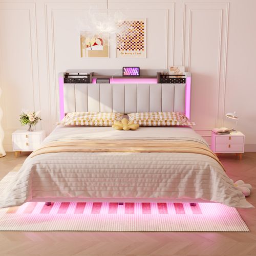 Lit Avec Rangement 140x200 Cm - Lit Double Capitonné Avec Éclairage LED - Lin + Métal - Beige