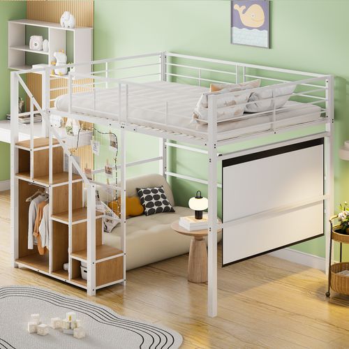 Lit Mezzanine Enfant 140x200 Cm - Échelle De Sécurité Et Rangement Intégré, Métal Blanc