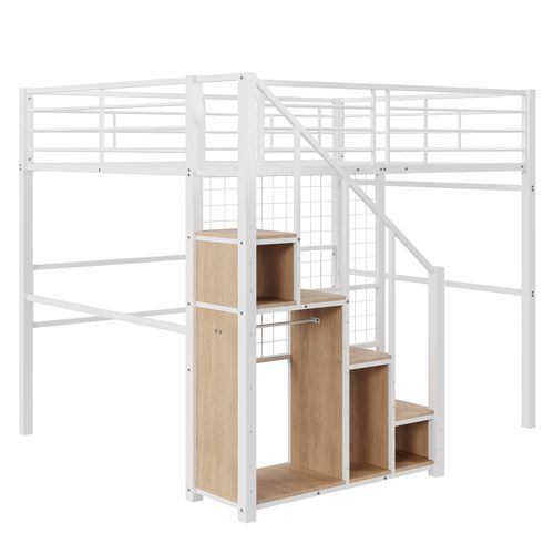 Lit Mezzanine Enfant 140x200 Cm - Échelle De Sécurité Et Rangement Intégré, Métal Blanc