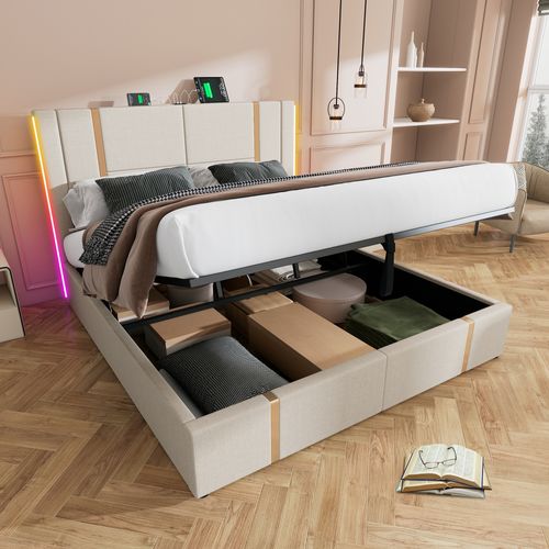 Lit Coffre 160x200 Cm - Lit Double Capitonné Avec LED Et USB Type C - Textile En Lin - Beige