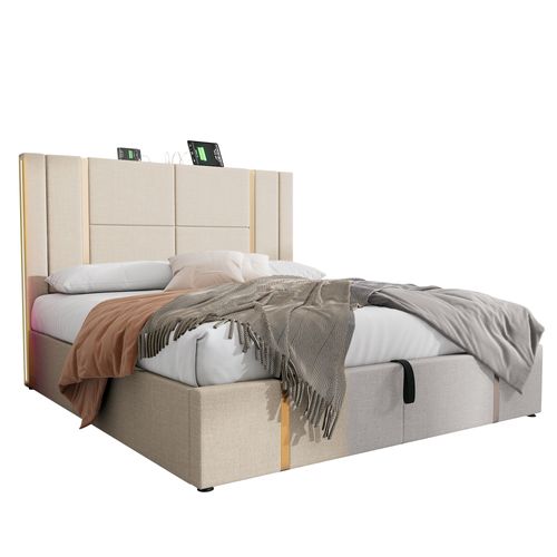 Lit Coffre 160x200 Cm - Lit Double Capitonné Avec LED Et USB Type C - Textile En Lin - Beige