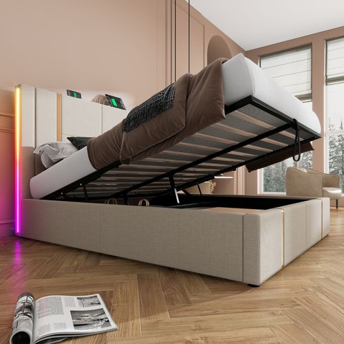Lit Coffre 160x200 Cm - Lit Double Capitonné Avec LED Et USB Type C - Textile En Lin - Beige