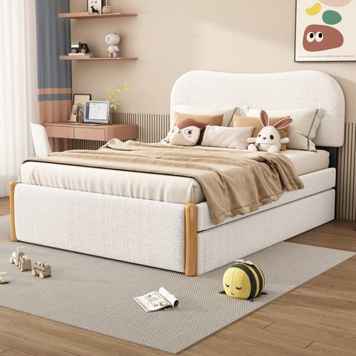 Lit Gigogne 140x200 Cm - Lit Double Avec Lit Tiroir Rembourré Moderne Pour Enfants, Peluche - Blanc