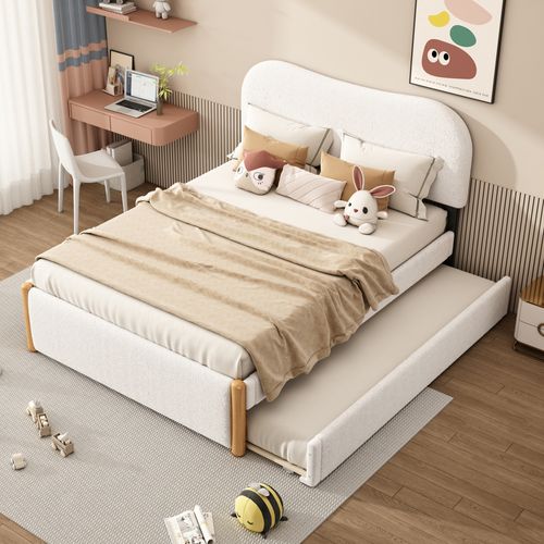 Lit Gigogne 140x200 Cm - Lit Double Avec Lit Tiroir Rembourré Moderne Pour Enfants, Peluche - Blanc