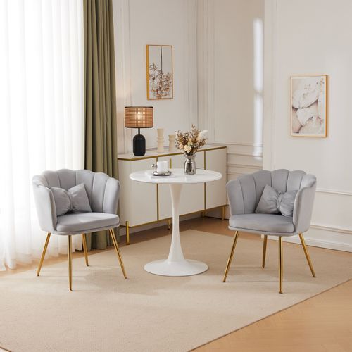 Chaises Lot De 2 Velours Moderne Capitonnée Avec Dossier Pétale Et Coussin, Pieds Métal Doré, Gris