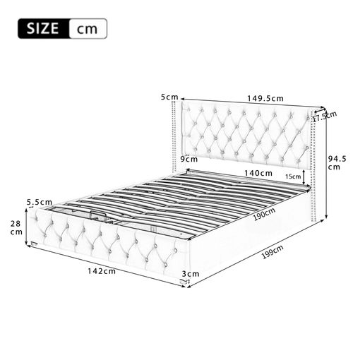 Lit Coffre 140x190 Cm - Lit Double Avec Coffre Hydraulique Et Rangement Intégré,  - Velours Beige