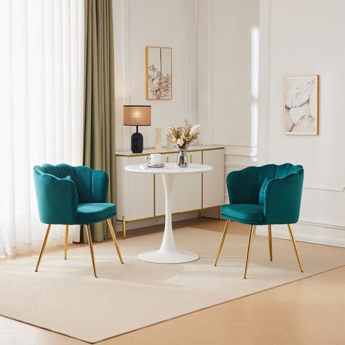 Chaises Lot De 2 Velours Moderne Capitonnée Avec Dossier Pétale Et Coussin, Pieds Métal Doré, Vert
