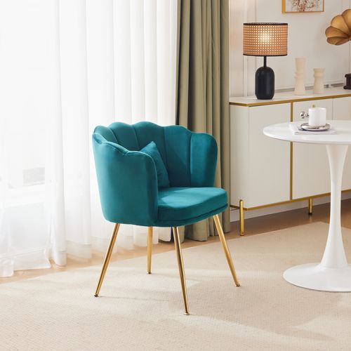 Chaise Velours Moderne Capitonnée Avec Dossier Pétale Et Coussin, Pieds Métal Doré, Vert