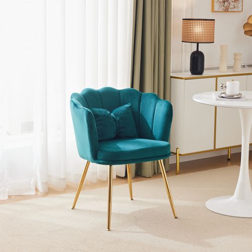 Chaise Velours Moderne Capitonnée Avec Dossier Pétale Et Coussin, Pieds Métal Doré, Vert