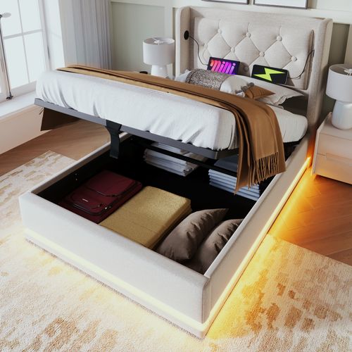 Lit Coffre 90x200 Cm - Lit Simple Capitonné Avec Rangement, USB Type-c Et LED, Coton, Beige