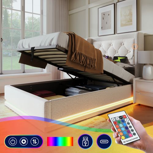 Lit Coffre 90x200 Cm - Lit Simple Capitonné Avec Rangement, USB Type-c Et LED, Coton, Beige