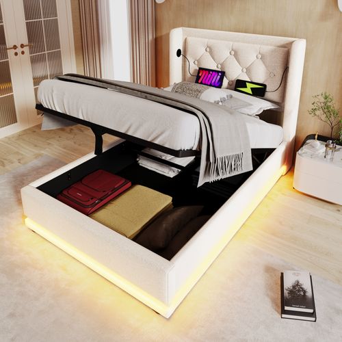 Lit Coffre 90x200 Cm - Lit Simple Capitonné Avec Rangement, USB Type-c Et LED, Coton, Beige