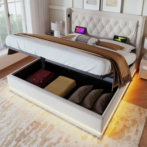 Lit Coffre 160x200 Cm - Lit Double Capitonné Avec Rangement, USB Type-c Et LED, Coton, Beige