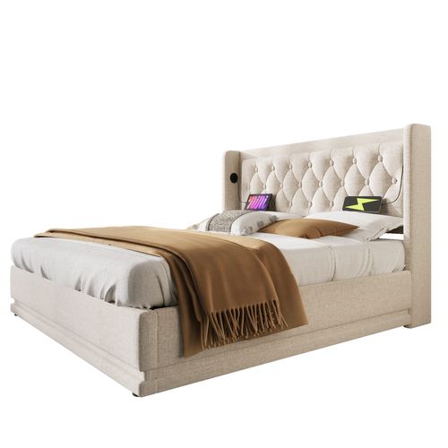 Lit Coffre 160x200 Cm - Lit Double Capitonné Avec Rangement, USB Type-c Et LED, Coton, Beige