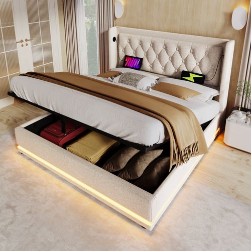 Lit Coffre 160x200 Cm - Lit Double Capitonné Avec Rangement, USB Type-c Et LED, Coton, Beige
