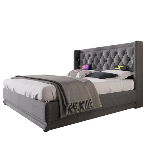 Lit Coffre 140x200 Cm - Lit Coffre Hydraulique Avec USB Type-c - Coton - Gris