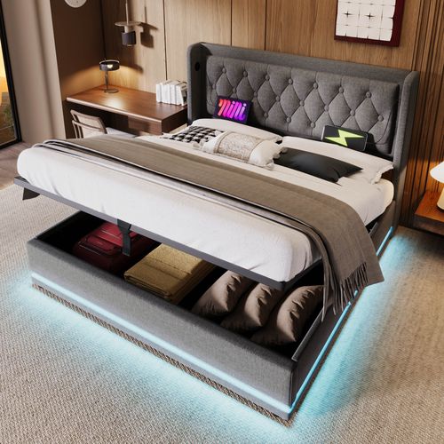 Lit Coffre 160x200 Cm - Lit Coffre Hydraulique Avec USB Type-c - Coton - Gris