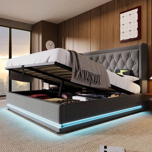 Lit Coffre 160x200 Cm - Lit Coffre Hydraulique Avec USB Type-c - Coton - Gris