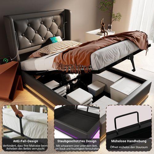 Lit Coffre 90x200 Cm - Lit Simple Rembourré Avec USB Type-c Et LED - Pu - Noir