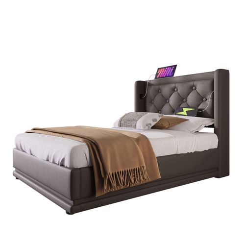 Lit Coffre 90x200 Cm - Lit Simple Rembourré Avec USB Type-c Et LED - Pu - Noir