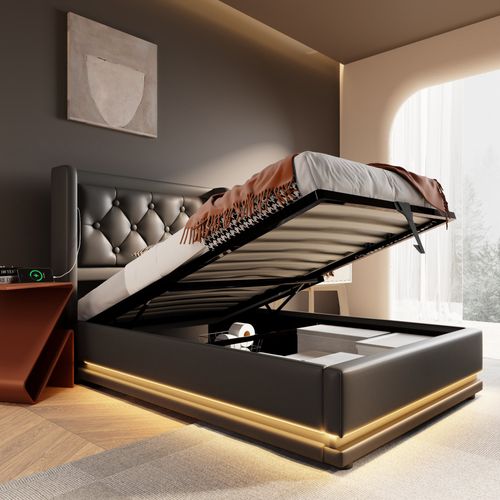 Lit Coffre 90x200 Cm - Lit Simple Rembourré Avec USB Type-c Et LED - Pu - Noir