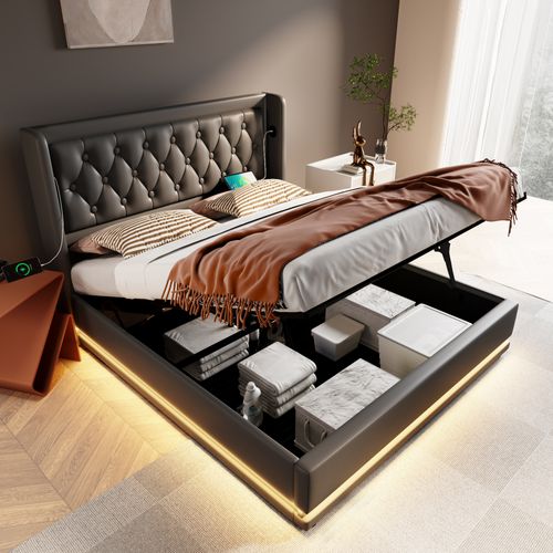 Lit Coffre 140x200 Cm - Lit Coffre Hydraulique Avec USB Type-c Et LED - Pu - Noir