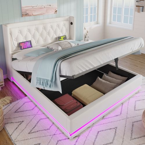 Lit Coffre 160x200 Cm - Lit Coffre Hydraulique Avec USB Type-c Et LED - Pu - Blanc