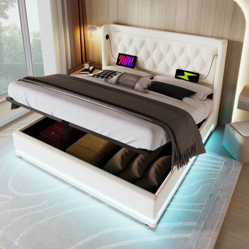 Lit Coffre 160x200 Cm - Lit Coffre Hydraulique Avec USB Type-c Et LED - Pu - Blanc