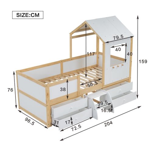 Lit Enfant Cabane 90x200 Cm Mi-hauteur Avec Toit, Fenêtres, 2 Tiroirs, Pin Blanc Et Naturel