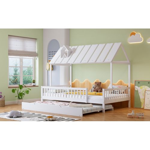 Lit Gigogne Enfant 120x200 Cm - Tiroirs, Lit Cabane Avec Protection Anti-chute, Bois Et Mdf Blanc