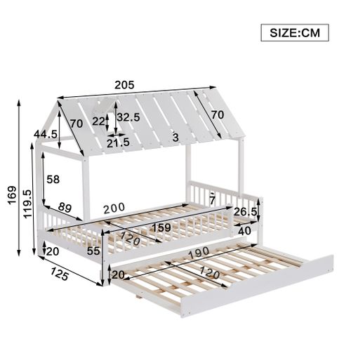 Lit Gigogne Enfant 120x200 Cm - Tiroirs, Lit Cabane Avec Protection Anti-chute, Bois Et Mdf Blanc