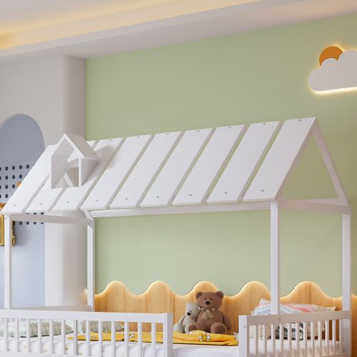 Lit Gigogne Enfant 120x200 Cm - Tiroirs, Lit Cabane Avec Protection Anti-chute, Bois Et Mdf Blanc
