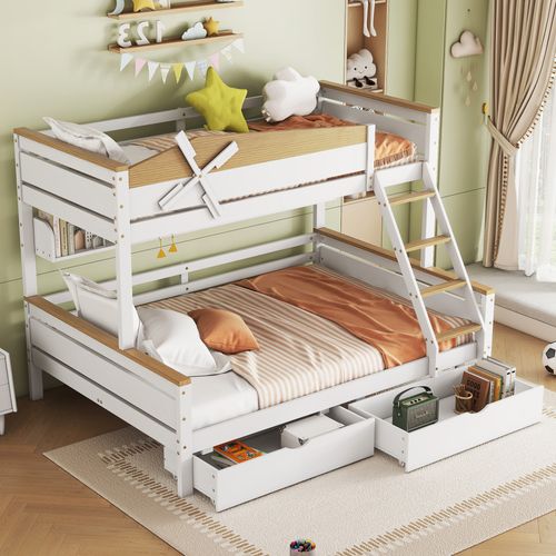 Lit Superposé 90x200 Et 140x200 Cm Enfant, 2 Tiroirs, Étagères, Échelle, Pin+mdf, Blanc/naturel