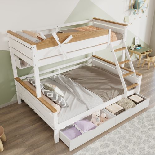 Lit Superposé 90x200 Et 140x200 Cm Enfant, 2 Tiroirs, Étagères, Échelle, Pin+mdf, Blanc/naturel
