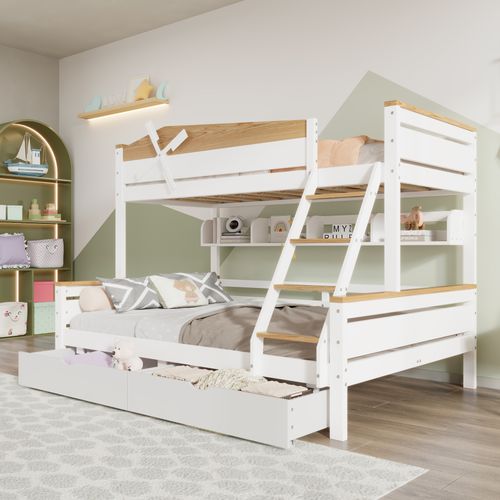 Lit Superposé 90x200 Et 140x200 Cm Enfant, 2 Tiroirs, Étagères, Échelle, Pin+mdf, Blanc/naturel