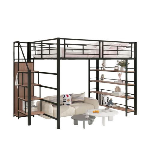 Lit Mezzanine Double 140x200 Cm - Escalier De Sécurité, Placard De Rangement, Métal Et Mdf - Noir