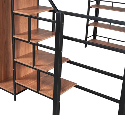 Lit Mezzanine Double 140x200 Cm - Escalier De Sécurité, Placard De Rangement, Métal Et Mdf - Noir