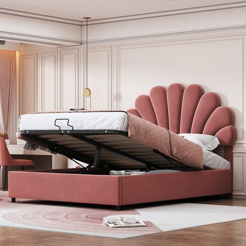 Lit Coffre 140x200 Cm - Lit Double Avec Tête De Lit Fleur Réglable - Velours + Métal + Mdf - Rose