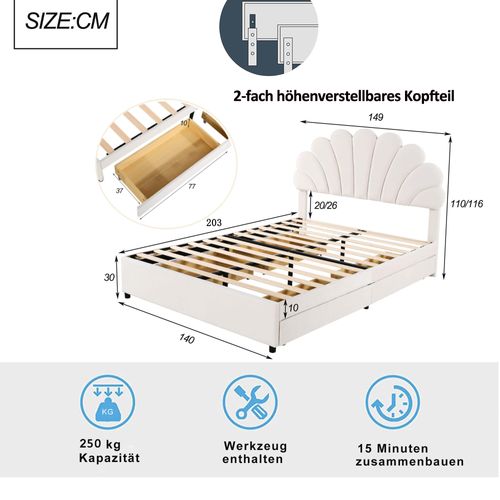 Lit Avec Rangement 140x200 Cm - Lit Double Tête Fleur - Velours - Beige