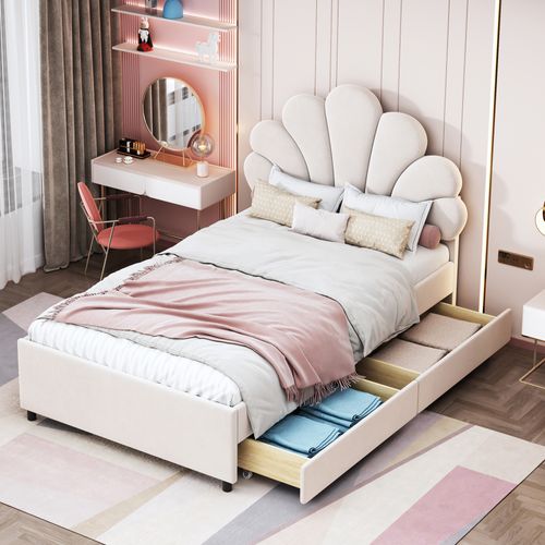 Lit Avec Rangement 90x200, Lit Simple Enfant Capitonné, Rangement, Sommier, Velours/bois, Beige